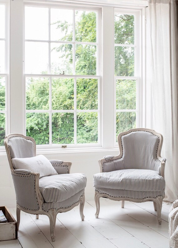 Amazing antique French pair of Bergere chairs upholstered in French ticking | Etsy (US)