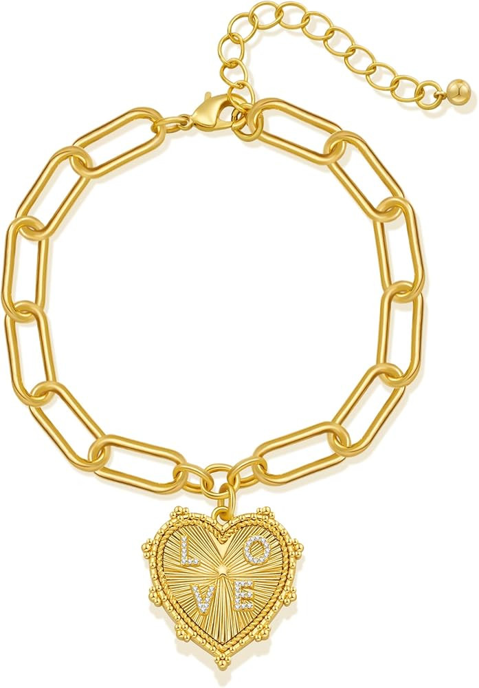 Pearl Bracelets For Women Gold Plated Chain Link Bracelets Bow Heart Charm Bracelets | Amazon (US)