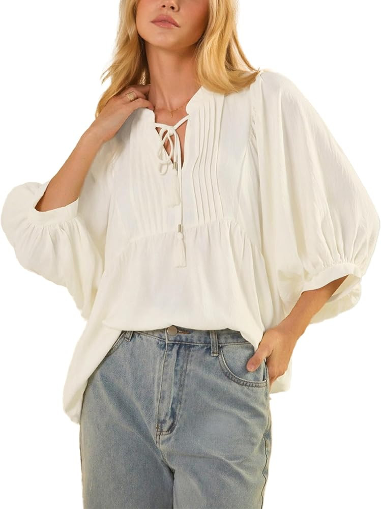 Ynhonra Womens Tie Neck Blouse 3/4 Balloon Sleeve Pintuck Pleated Casual Flowy Top Lightweight Sp... | Amazon (US)