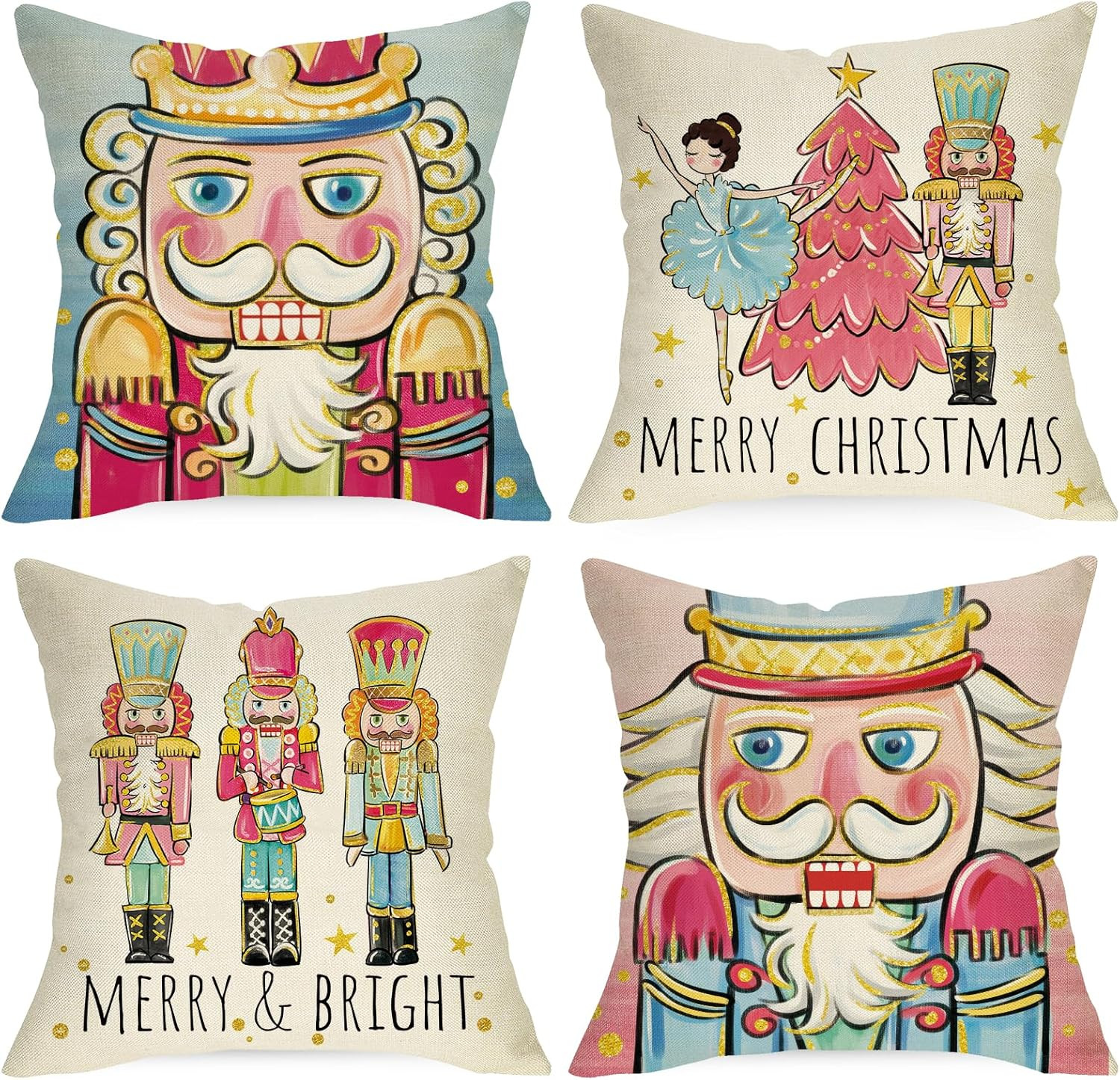 Merry Christmas Nutcracker Decorative Throw Pillow Covers 18x18 Set of 4, Pink Xmas Tree Cartoon ... | Amazon (US)