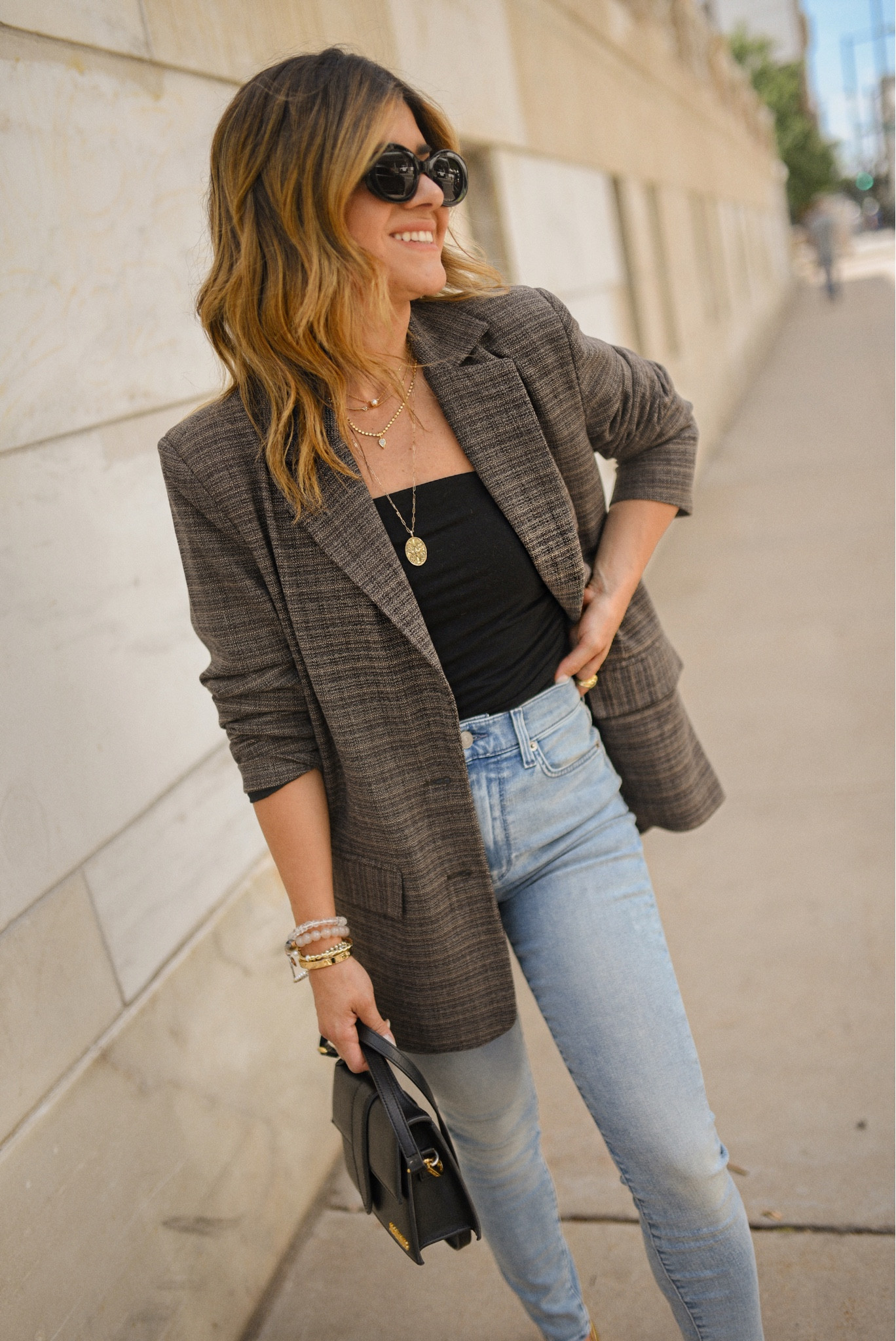 The perfect blazer for fall! It runs tts. I’m wearing size small! 
Jeans size 24.
Take 10% off. Y Miranda Frye Jewelry with code “carolina10” and free US shipping!

#LTKFind #LTKunder100 #LTKworkwear