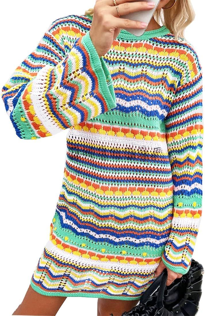 Rainbow Striped Long Sleeve Crochet Striped Mini Casual Sweater Dress Women Color Block Fall Swea... | Amazon (US)