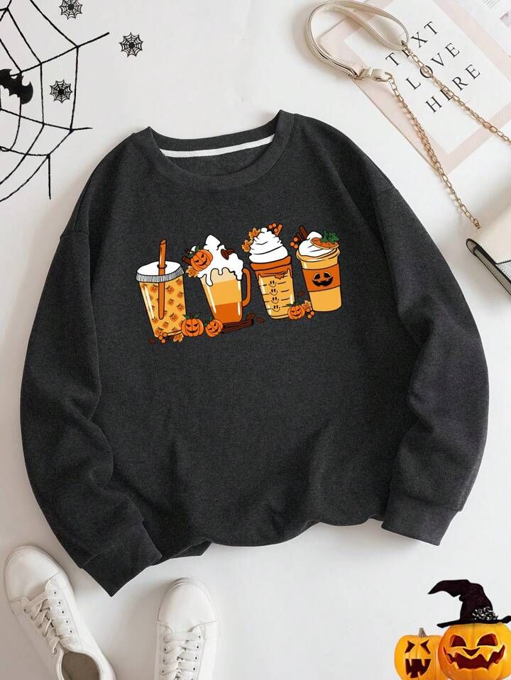 Plus Halloween Print Thermal Lined Sweatshirt | SHEIN