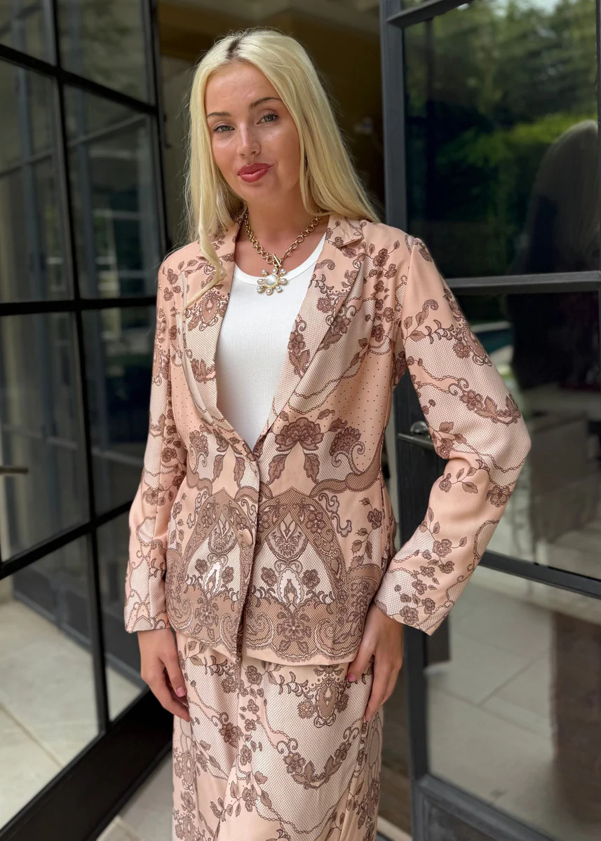 Paloma Peach Floral Printed Silky Blazer Jacket | Benaar La