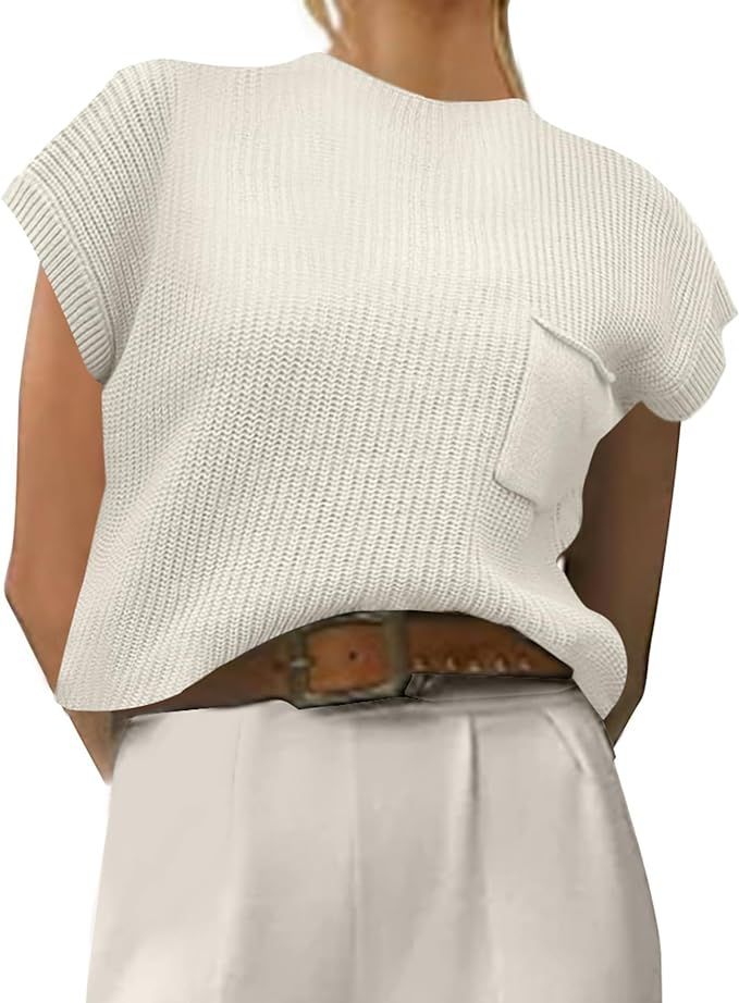 Women Sleeveless Mock Neck Sweater Vest Cap Sleeve Knit Trendy Casual Pullover Tank Top 2024 Summ... | Amazon (US)
