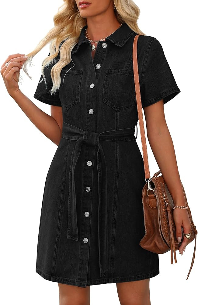 Women's Denim Dress Short Sleeve Jean Dress Button Down Babydoll Denim Shirt Dresses with Pocket ... | Amazon (US)