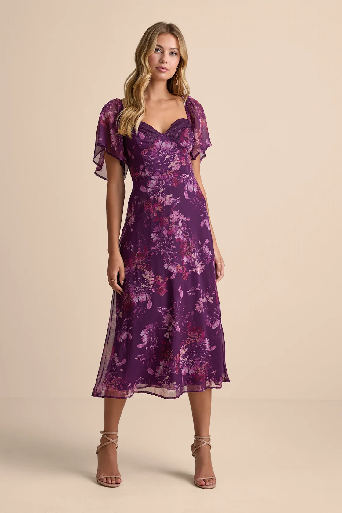 Valla Purple Floral Flutter Sleeve Midi Dress | Lulus
