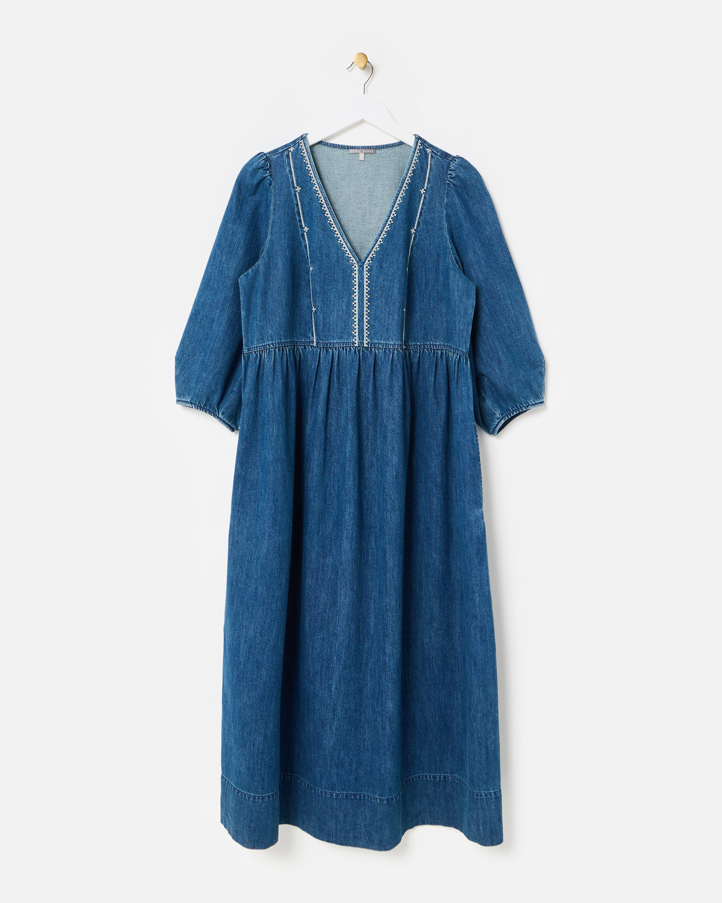 Blue Denim Embroidered V-Neck Midi Dress | Oliver Bonas | Oliver Bonas (Global)