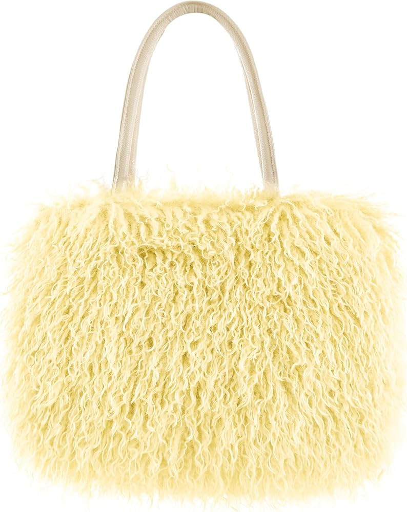 Women's Fuzzy Tote Bag Curly Handbag Furry Shoulder Bag Large Plush Top Handle Purses Winter | Amazon (US)
