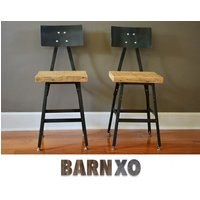 Set Of 2 Reclaimed Urban Wood Industrial Bar Stool with Steel Back Harvest Barn Wood Stool | Etsy (US)