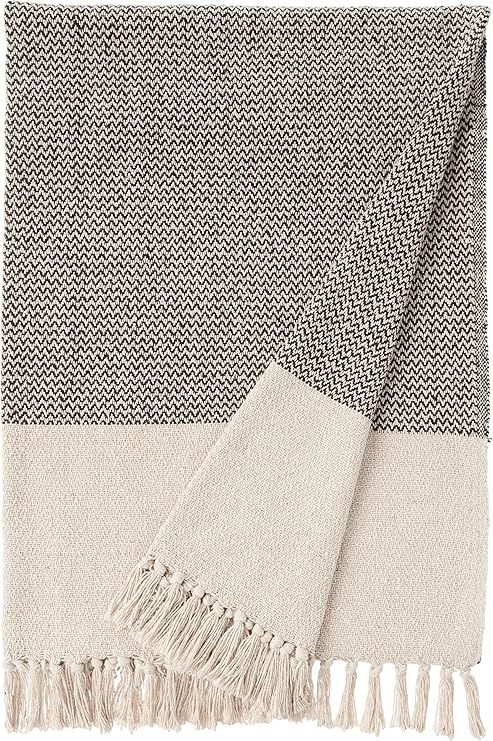 Bloomingville Grey & Cream Cotton Knit Throw with Fringe | Amazon (US)