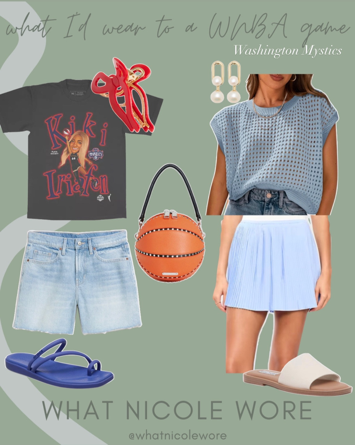 What I’d wear to a Washington Mystics game! You can go with a Kiki Iriafen graphic tee from Playa Society and baggy jean shorts or a lightweight summer sleeveless sweater and a skort for a monochromatic look. // bow claw clip, red claw clip, basketball purse, what to wear to a basketball game, white sandals, blue sandals, wnba game day outfit, what to wear to a wnba game, light blue skort, Pearl earrings, bow claw clip on sale

#LTKActive #LTKSaleAlert