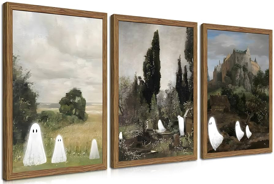 Vintage Halloween Wall Art Set of 3, Gothic Landscape Cute Ghost Wall Decor Painting, Farmhouse C... | Amazon (US)
