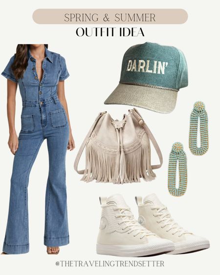 Spring and summer outfit idea - how to style denim romper - jumper jumpsuit - white cream high top
Sneakers - purse - earrings - trucker hat 

#LTKStyleTip #LTKWorkwear #LTKShoeCrush