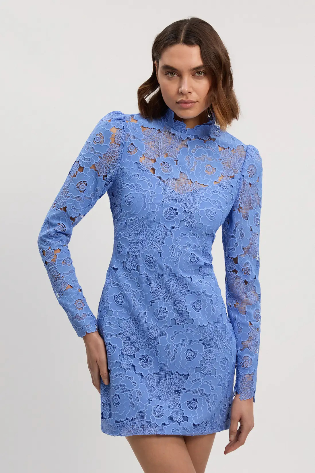 Dresses | Guipure Lace High Neck Woven Mini Dress | KarenMillen | Karen Millen US