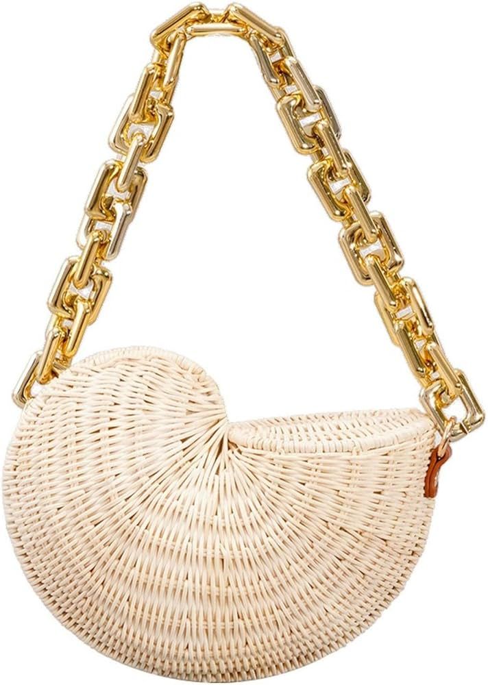 Women's shell bag, beach bag, hand-woven rattan shoulder bag, retro fashion rattan handbag | Amazon (US)