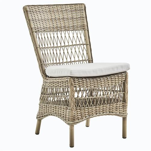 Sienna Coastal Beach Grey Cushion Faux Rattan Woven Outdoor Dining Chair | Kathy Kuo Home