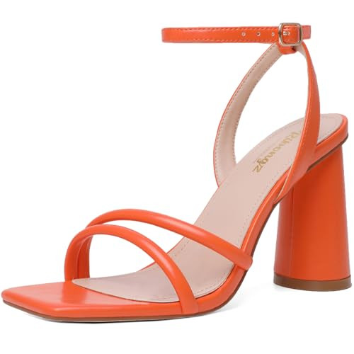 RIBONGZ Orange Strappy High Heels for Women Heeled Sandals Square Open Toe Ankle Strap Chunky Wedding Bridal Prom Shoes Block High Heels for Party Dress 11 | Amazon (US)