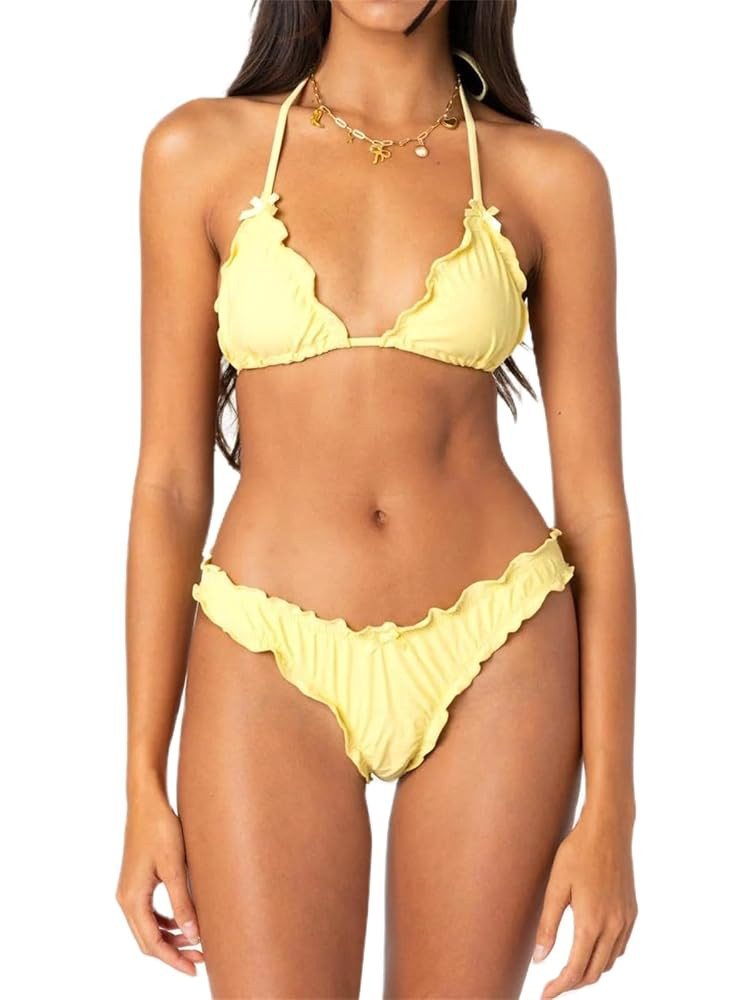 Alyweatry Women Y2k Bikinis Sets Coquette Aesthetic Bows Halter Tie Up Bikini Top High Cut Elasti... | Amazon (US)