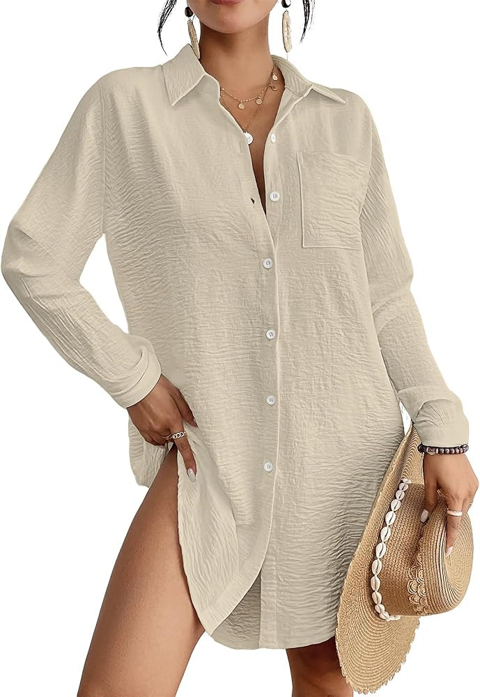 Bsubseach Swimsuit Coverup for Women Button Down Beach Cover Ups Long Sleeve Shirt Dress Modern B... | Amazon (US)