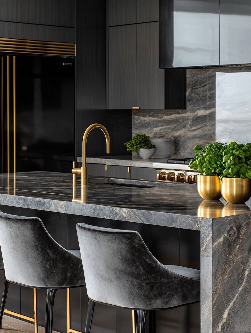 Gray, black, and gold is one of those forever combinations—timeless, confident, and effortlessly elegant. This kitchen island brings that quiet luxury to life with soft gray velvet counter stools, a sleek gold faucet, and matte black cabinetry or blinds that ground the space with contrast. The marble or stone countertop adds depth and texture, while the gold accents act like refined jewelry rather than overpowering statements.

Finish the look with gold planters filled with fresh, nourishing herbs—both practical and beautiful. It’s the kind of detail that makes the kitchen feel lived-in yet elevated, modern yet warm. This setup proves that you don’t need excess to create impact. Thoughtful materials, a restrained color palette, and layered finishes are what turn a kitchen into a space that feels polished, intentional, and truly timeless.

#luxurykitchen #moderninteriors #timelesselegance 

 #LTKHome