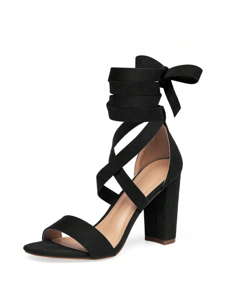 Women's Tie Up & Mule Breathable Faux Suede Chunky Heel Sandals, Elegant Wedding Wedge Black High... | SHEIN