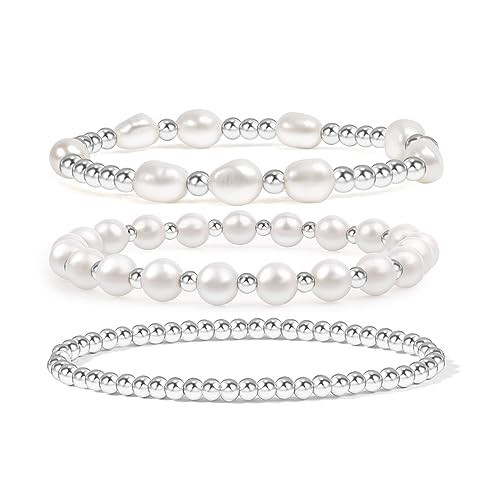 Silver Pearl Bracelets for Women Baroque Pearl Stackable Stretch Bead Ball Bracelet Jewelry Gifts （3PCS) | Amazon (US)