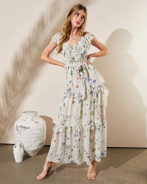 Dena Floral Ruffle Tiered Maxi Dress - Beige/Multi - FINAL SALE | VICI