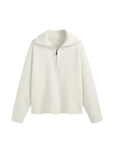 CIDER Quarter Zip Pullover Sweaters for Women Trendy V Neck Long Sleeve Fall Sweaters Solid Knit Chunky Sweater: White, XS | Amazon (US)