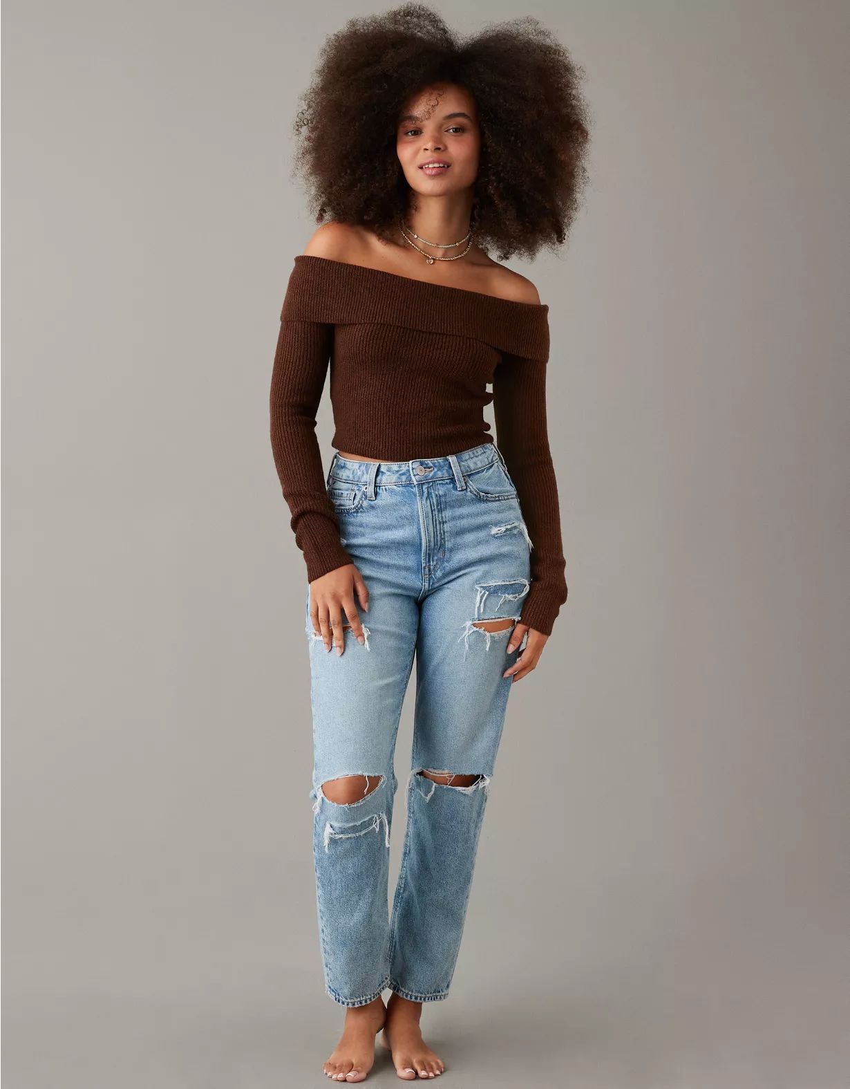 AE Ribbed Off-The-Shoulder Cropped Long-Sleeve Sweater | American Eagle Outfitters (US & CA)