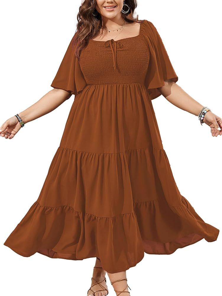 SCOMCHIC Women's Plus Size Flowy Maxi Dress Flutter Short Sleeve Boho Dress Square Neck Smocked F... | Amazon (US)