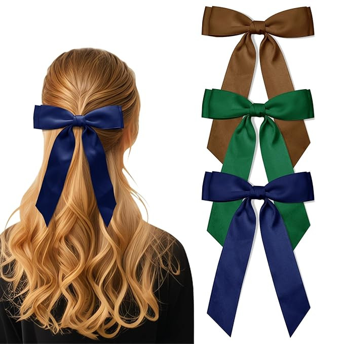 3Pcs Hair Bows for Women Green Brown Dark Blue Double-Layer Long Tail Bow Hair Clip Hair Ribbon C... | Amazon (US)