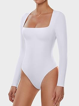 Cyanstyle Women's Sexy Square Neck Long Sleeve Double Lined Bodysuit Tops Fall Winter Outfits 202... | Amazon (US)