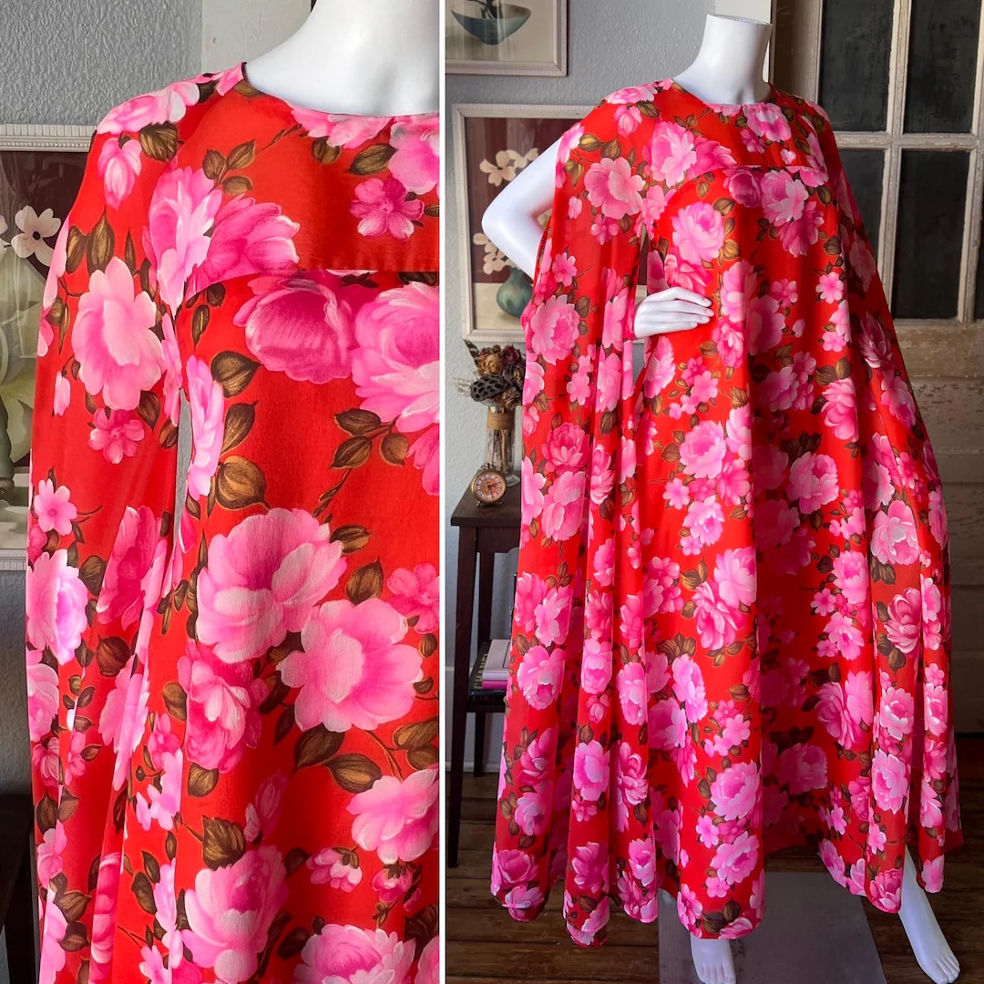 1960’s Vintage Saks Fifth Avenue Dramatic Bell Sleeve Chiffon Floral Maxi Dress | Etsy (US)