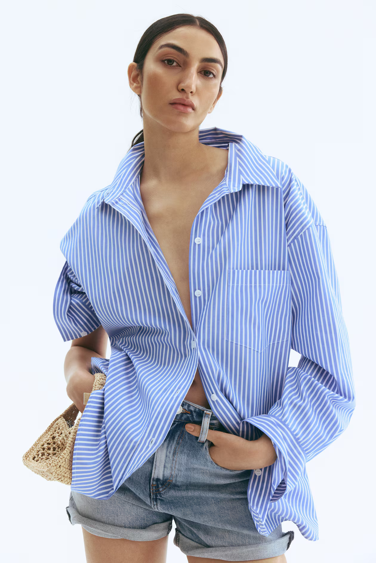 Oversized Cotton Poplin Shirt - Light blue/white striped - Ladies | H&M US | H&M (US + CA)