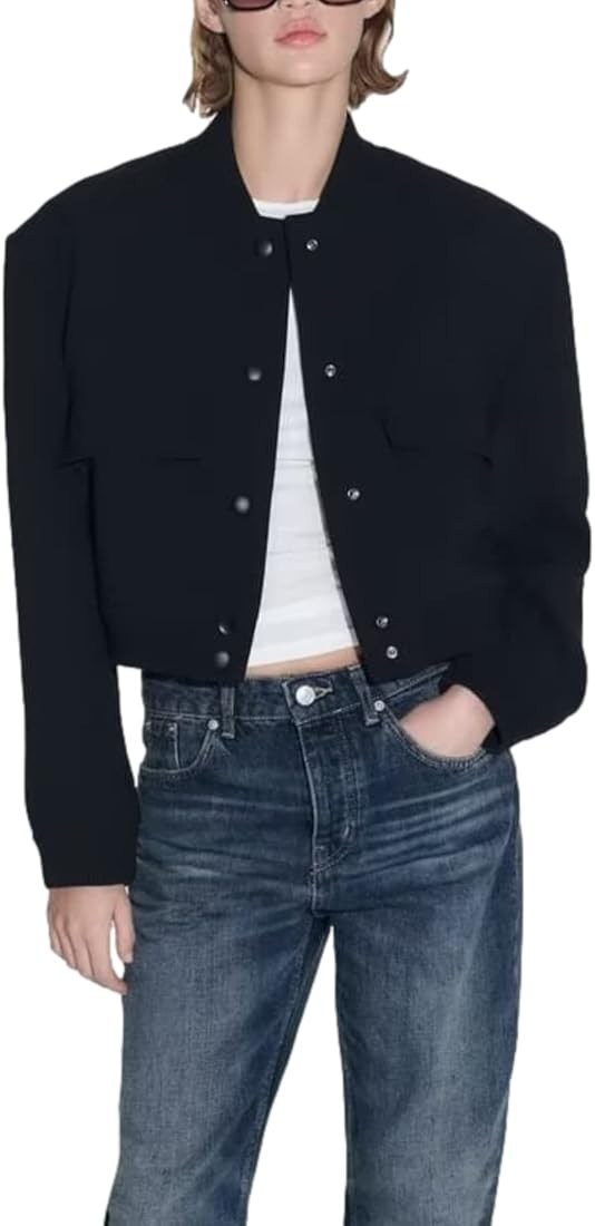 Women's Solid Cropped Bomber Jacket Button Down Long Sleeve Varsity Jacket Round Collar Coats wit... | Amazon (US)