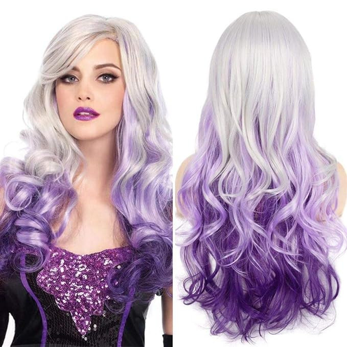 Beweig Long Curly Wavy Silver Grey to Purple Wig Side Part Natural Looking Synthetic Cosplay Wig ... | Amazon (US)