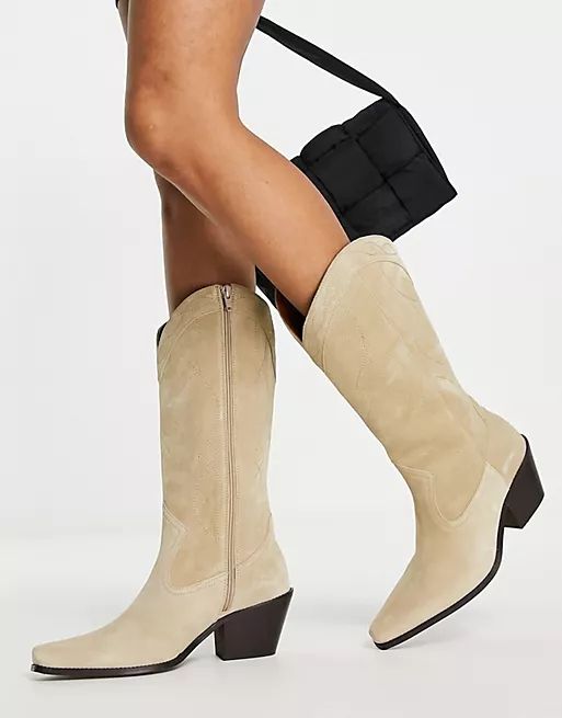 ASOS DESIGN Cactus premium suede western knee boots in sand | ASOS (Global)