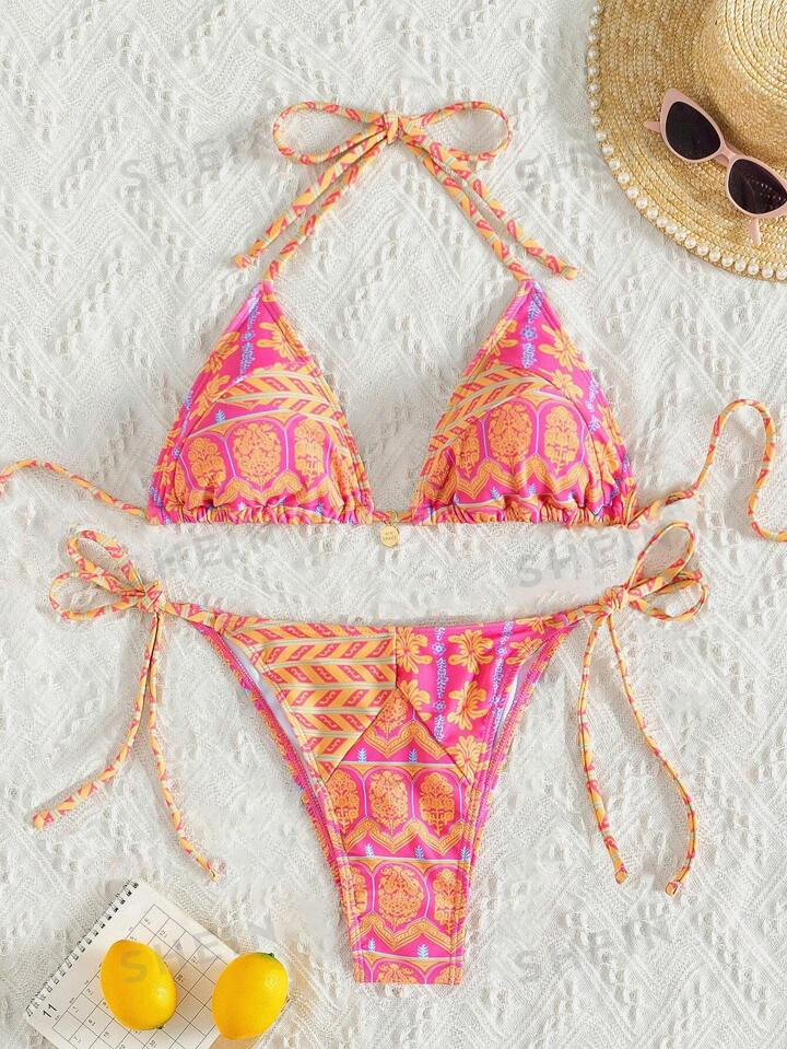 SHEIN Swim Mod Summer Beach Random Printed Side Knot Bikini Set | SHEIN
