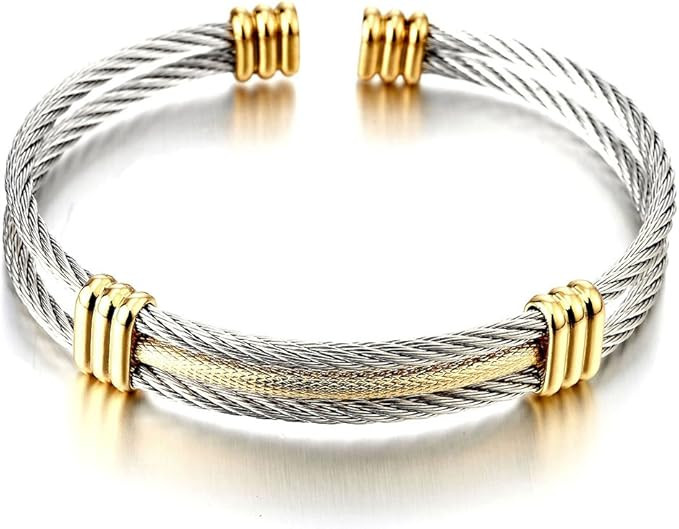 COOLSTEELANDBEYOND Men Women Stainless Steel Twisted Cable Adjustable Cuff Bangle Bracelet | Amazon (US)