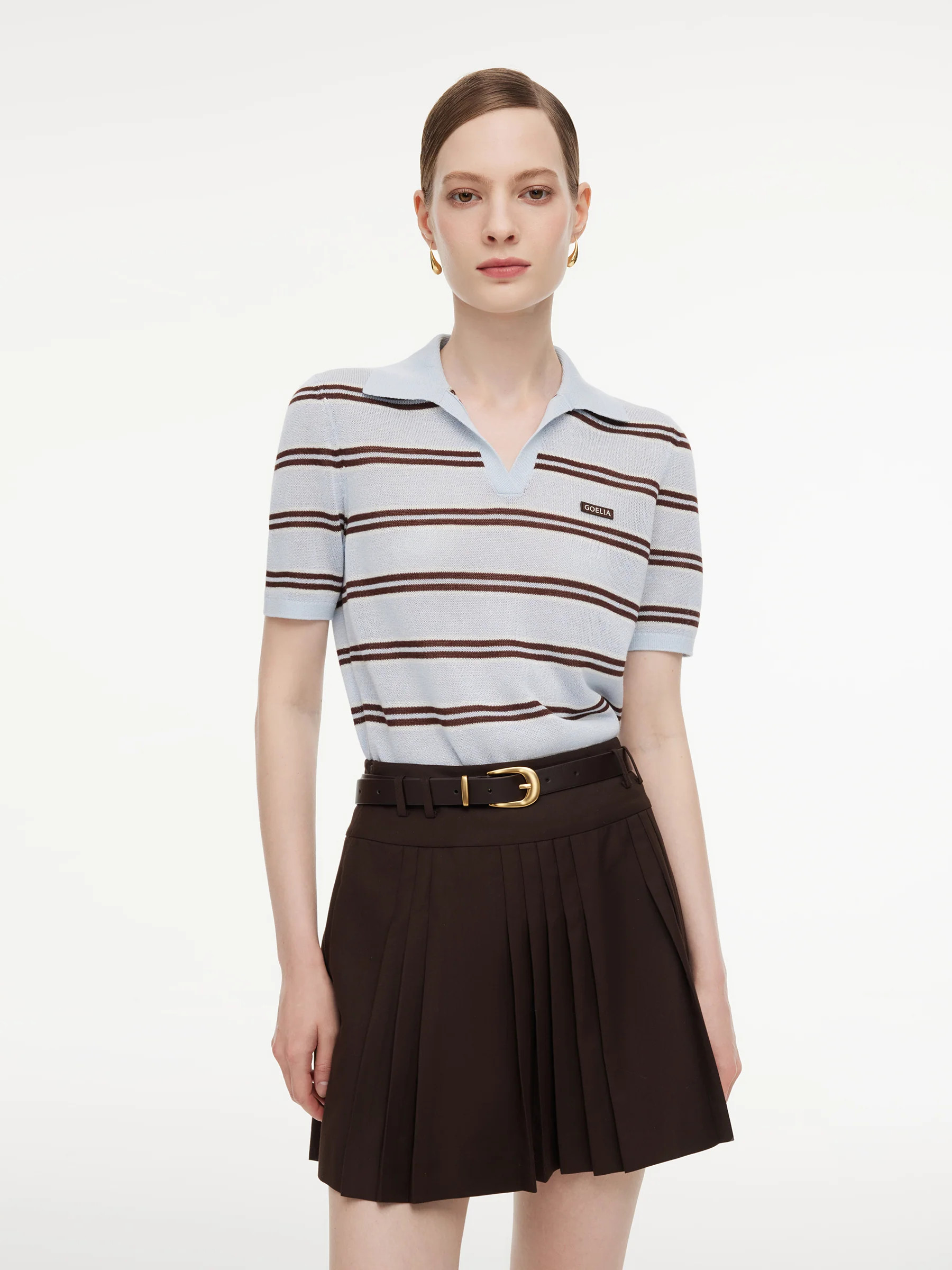 Navy Combo Stripe Women Polo Knit Top | GOELIA