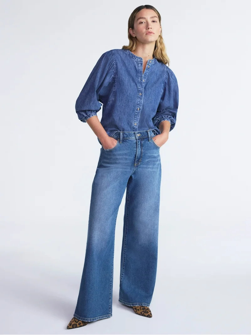 Scoop Women's Cotton Denim Shirt with Blouson Sleeves, Sizes XS-XXL | Walmart (US)