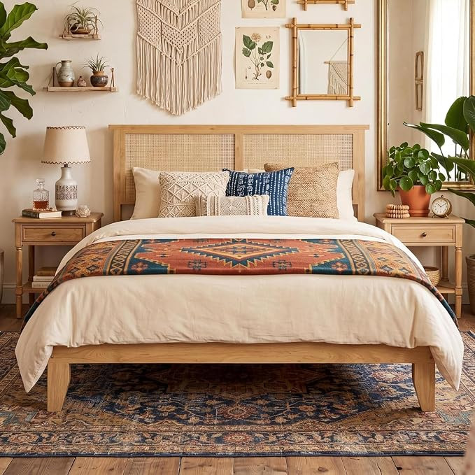 GAOMON King Size Rattan Wood Bed Frame, Rattan Bed Frame with LED Light & Natural Headboard, Boho... | Amazon (US)