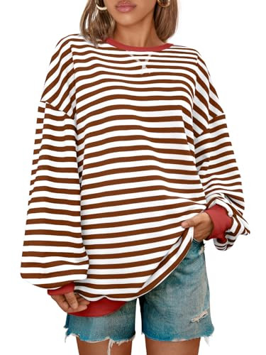 Kissfix Women's Striped Oversized Sweatshirt Long Sleeve Shirts for Women Crewneck Hoodies Casual Pullover Top Y2K Tops Brown XL | Amazon (US)