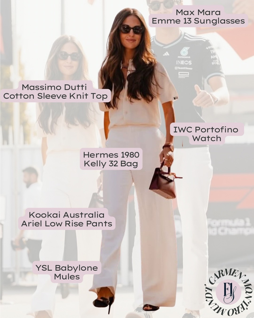 Who said you can’t wear white after Labour Day? Carmen Mundt went full monochrome at Monza in a cream Massimo Dutti top, matching Kookai pants, and sleek YSL mules.


#CarmenMundt #GeorgeRussell #MonzaGP #F1Styled #MassimoDutti #Kookai #YSLMules #F1WAGStyle #WAGStyle #TracksideLook #f1wag #f1wagfashion #LTKstyle #ItalianGP #MonochromeStyle #RaceWeekendStyle