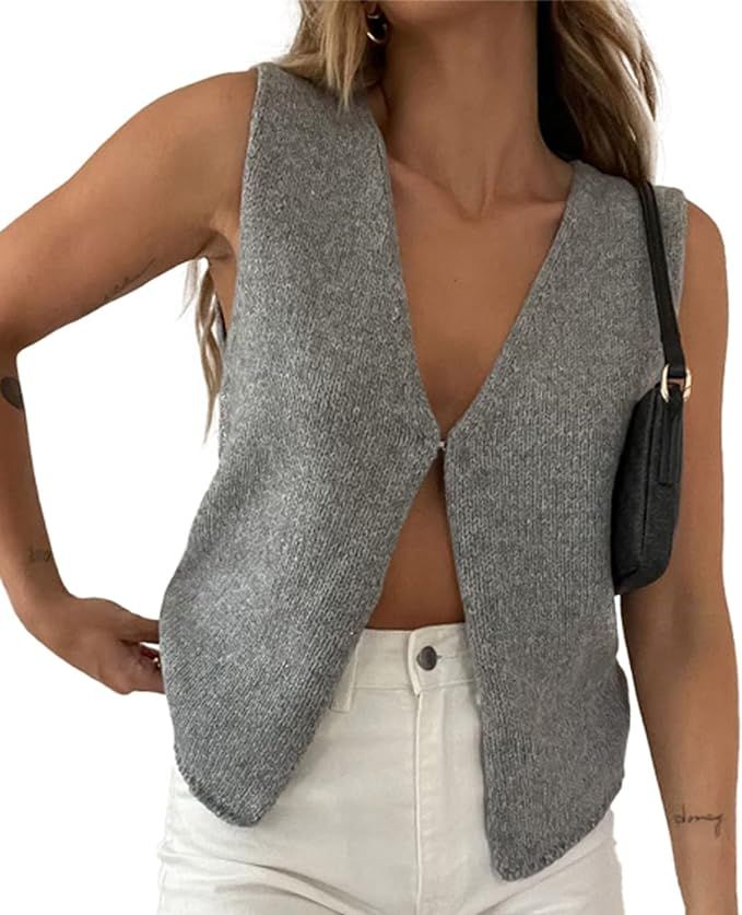 Womens Vintage Knittd Tank Y2k Vest Crop Top Sleeveless V-Neck Open Front Button Crochet Knit Ves... | Amazon (US)