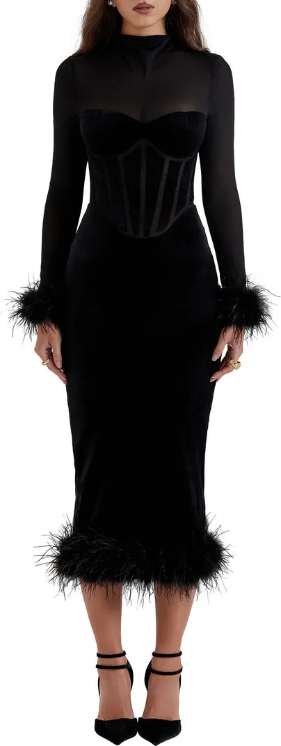 Lianna Feather Trim Long Sleeve Corset Midi Dress | Nordstrom
