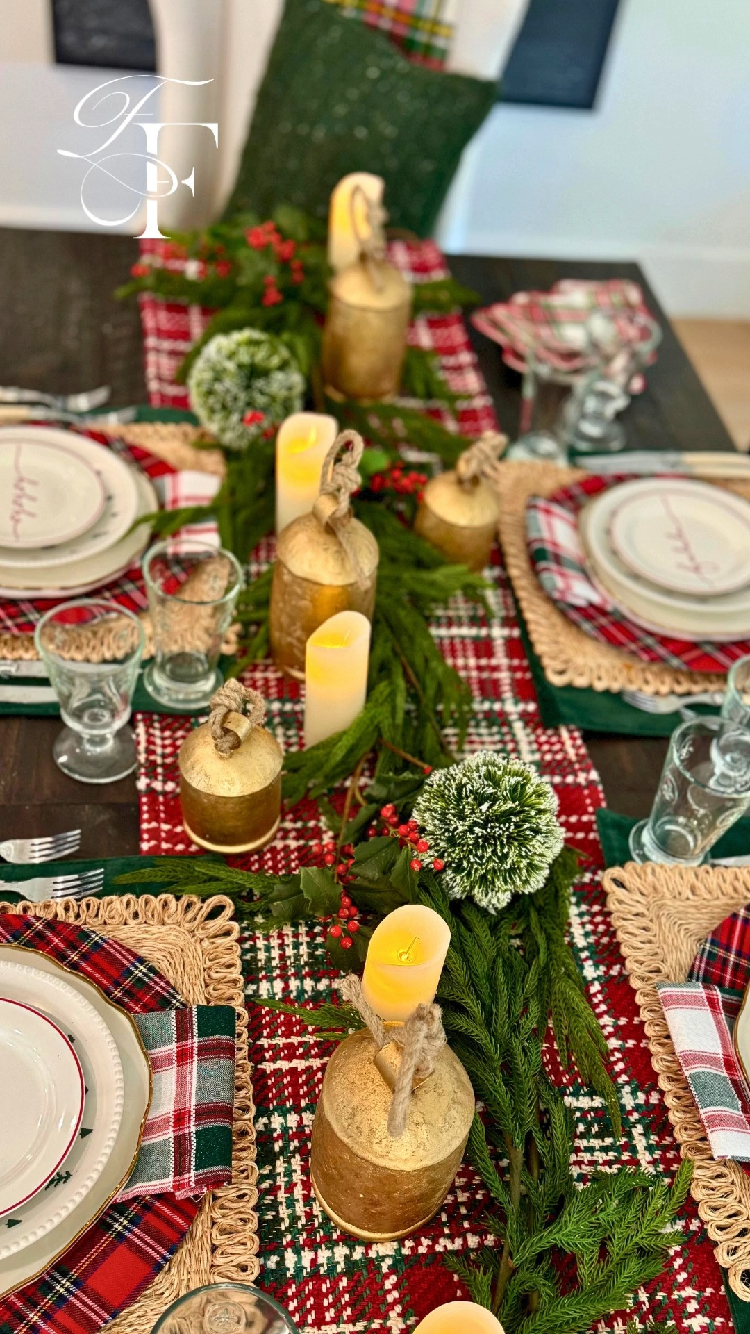 ✨Christmas tablescape ✨Ralph Lauren inspired plaids for holiday dinner party with tartan plaid, faux florals, and gold bells. Christmas table styling at it's best. 🎄 

 #christmastable #tablescapestyling #dinnerparty #tabledecor #LTKHoliday #LTKSeasonal #LTKHome
