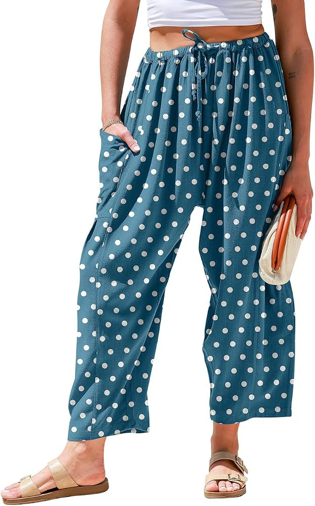 TARSE Women's Linen Wide Leg Pants Baggy Palazzo Harem Pants with Pocket | Amazon (US)