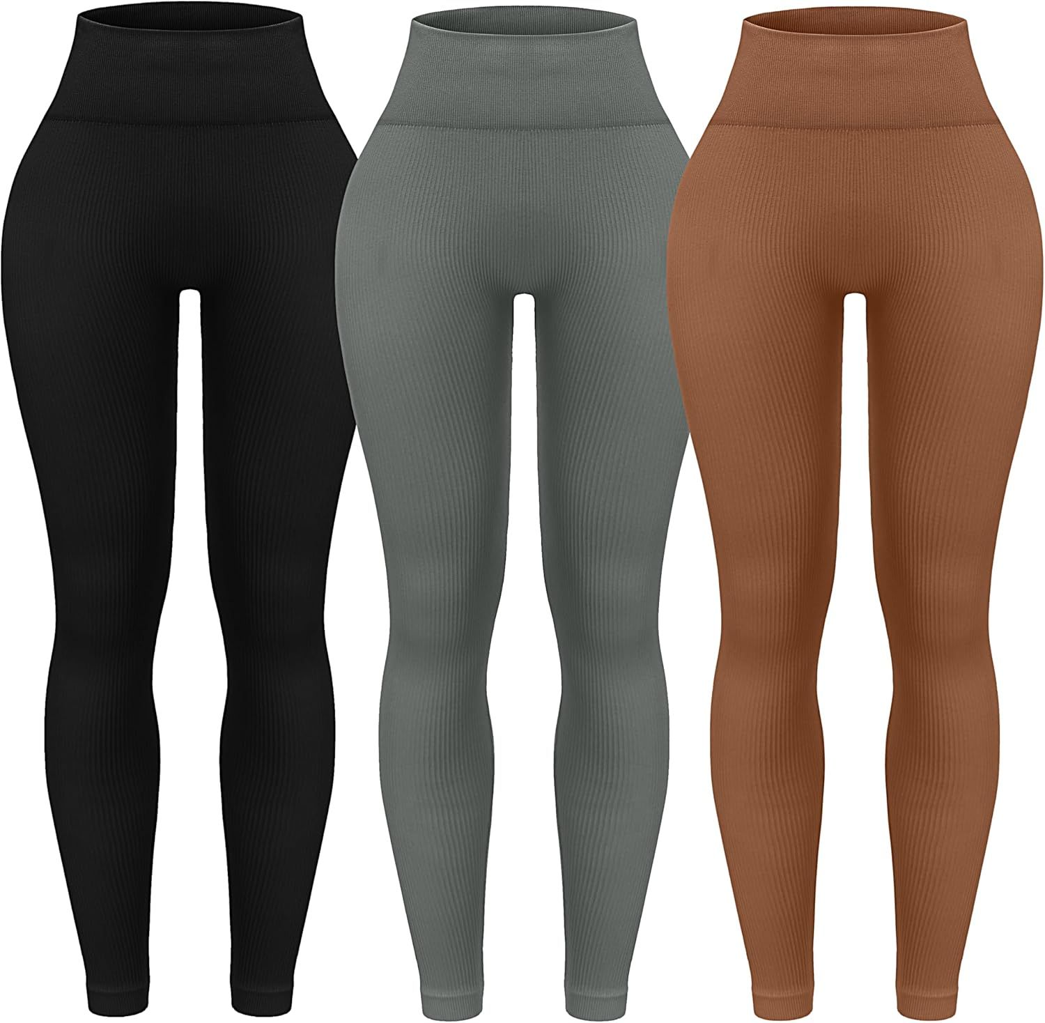 OVESPORT 3 Piece Ribbed Seamless Leggings for Women High Waist Workout Gym Athletic Yoga Pants | Amazon (US)